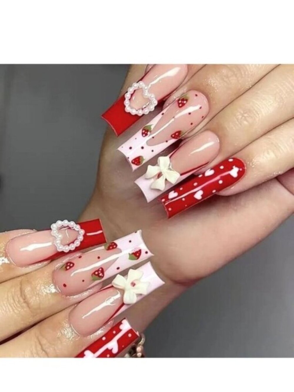 Nails Heart 3D Charm Bow 24 Press On Style Fake Glam Trendy Stylish Strawberries